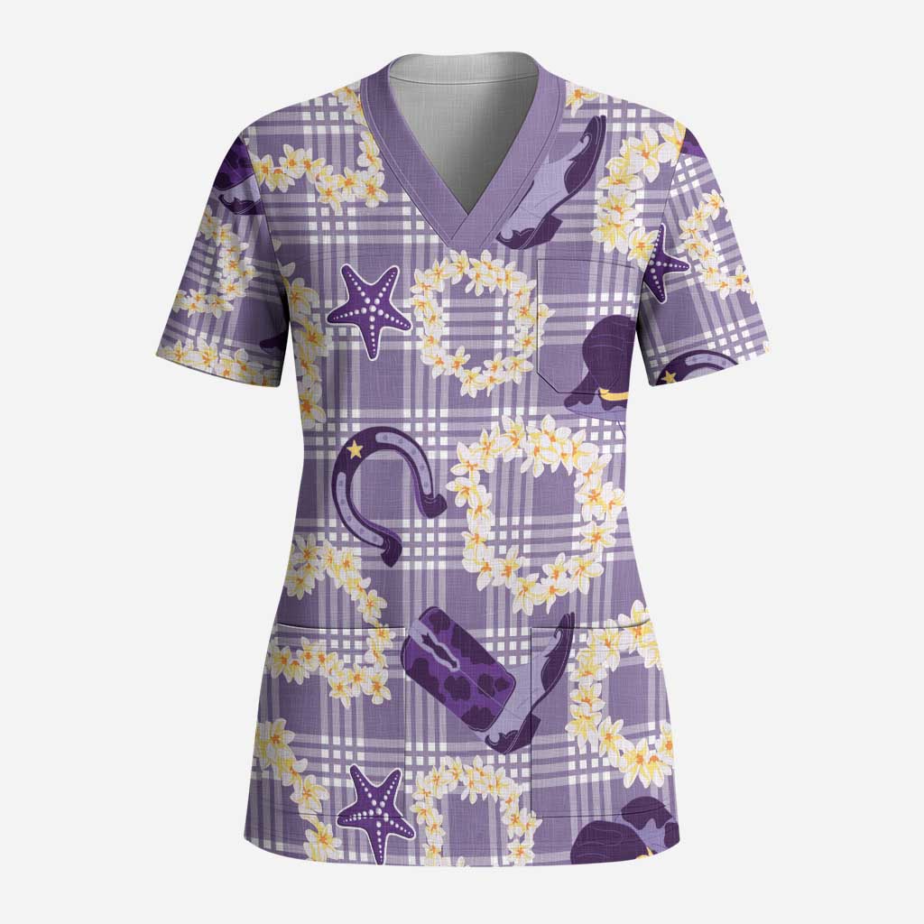 Aloha Hawaii Paniolo Lavender Palaka Scrub Top Coastal Rodeo - Polynesian Pride
