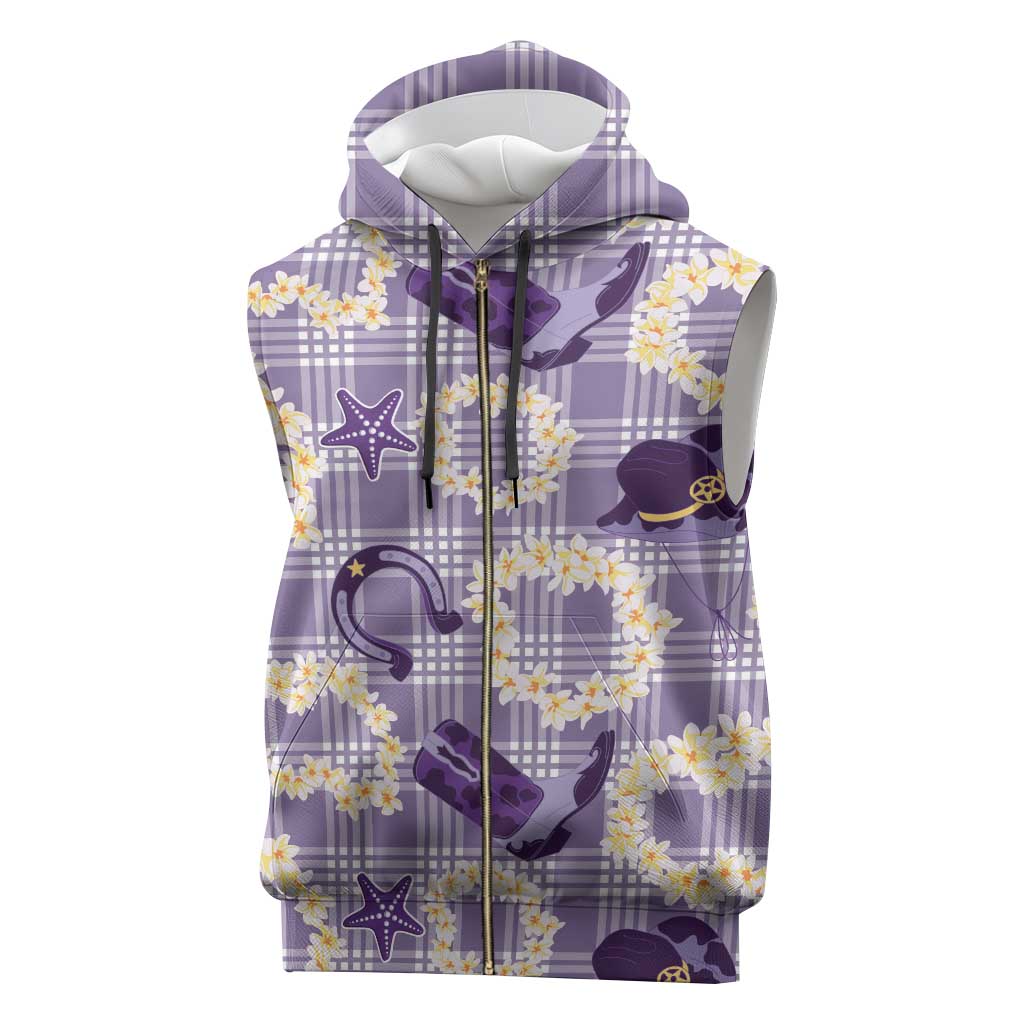 Aloha Hawaii Paniolo Lavender Palaka Sleeveless Zip Hoodie Coastal Rodeo - Polynesian Pride