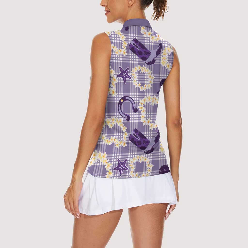 Aloha Hawaii Paniolo Lavender Palaka Women Sleeveless Polo Shirt Coastal Rodeo - Polynesian Pride