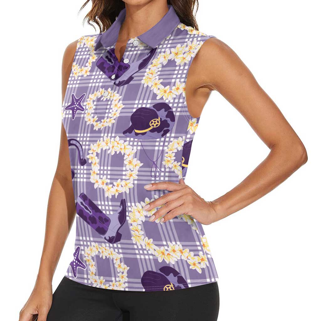 Aloha Hawaii Paniolo Lavender Palaka Women Sleeveless Polo Shirt Coastal Rodeo - Polynesian Pride