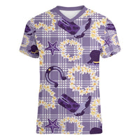 Aloha Hawaii Paniolo Lavender Palaka Women V-Neck T-Shirt Coastal Rodeo - Polynesian Pride