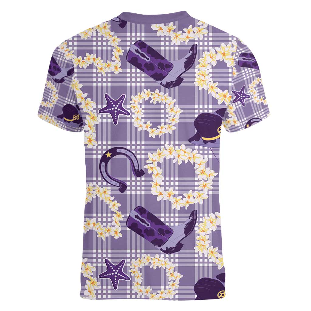 Aloha Hawaii Paniolo Lavender Palaka Women V-Neck T-Shirt Coastal Rodeo - Polynesian Pride