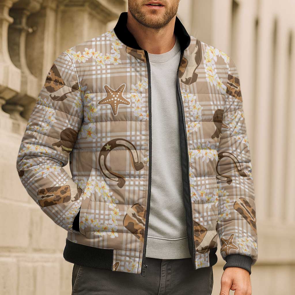 Aloha Hawaii Paniolo Khaki Palaka Bomber Puffer Jacket Coastal Rodeo - Polynesian Pride