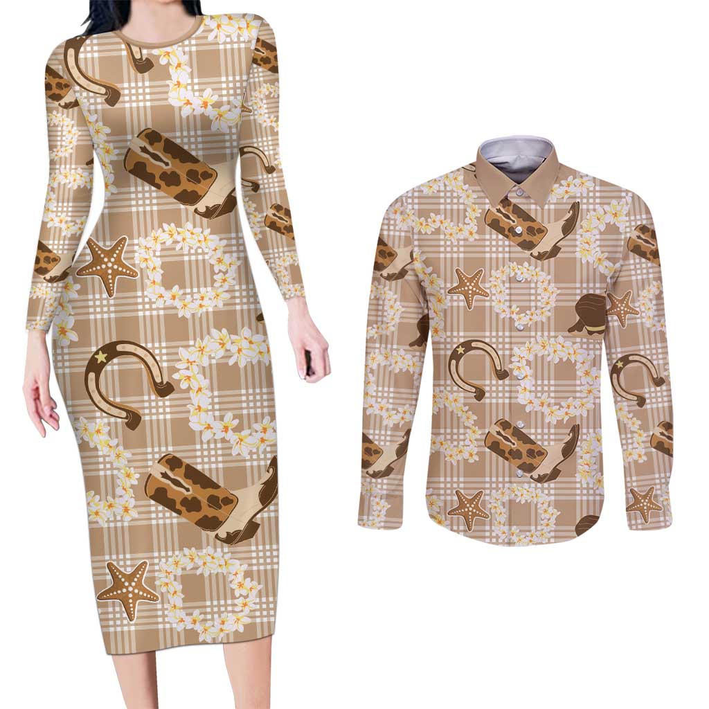 Aloha Hawaii Paniolo Khaki Palaka Couples Matching Long Sleeve Bodycon Dress and Long Sleeve Button Shirt Coastal Rodeo - Polynesian Pride