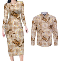 Aloha Hawaii Paniolo Khaki Palaka Couples Matching Long Sleeve Bodycon Dress and Long Sleeve Button Shirt Coastal Rodeo - Polynesian Pride