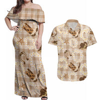 Aloha Hawaii Paniolo Khaki Palaka Couples Matching Off Shoulder Maxi Dress and Hawaiian Shirt Coastal Rodeo - Polynesian Pride