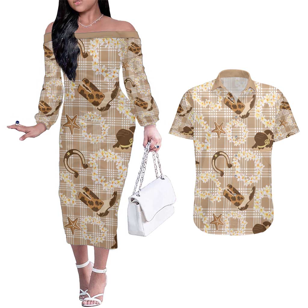 Aloha Hawaii Paniolo Khaki Palaka Couples Matching Off The Shoulder Long Sleeve Dress and Hawaiian Shirt Coastal Rodeo - Polynesian Pride