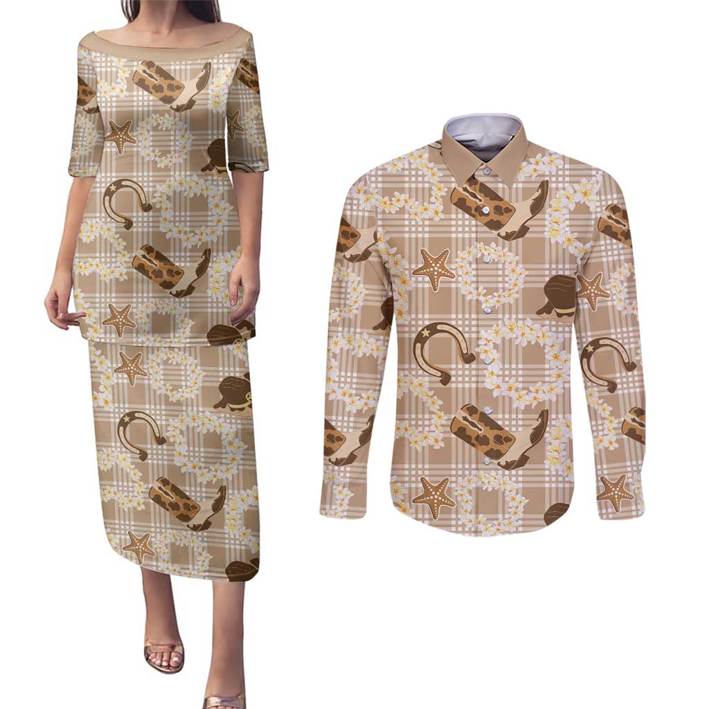 Aloha Hawaii Paniolo Khaki Palaka Couples Matching Puletasi and Long Sleeve Button Shirt Coastal Rodeo - Polynesian Pride