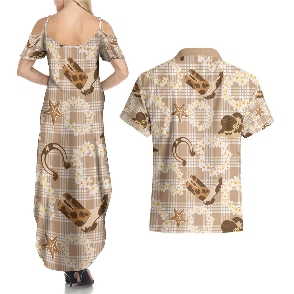 Aloha Hawaii Paniolo Khaki Palaka Couples Matching Summer Maxi Dress and Hawaiian Shirt Coastal Rodeo - Polynesian Pride