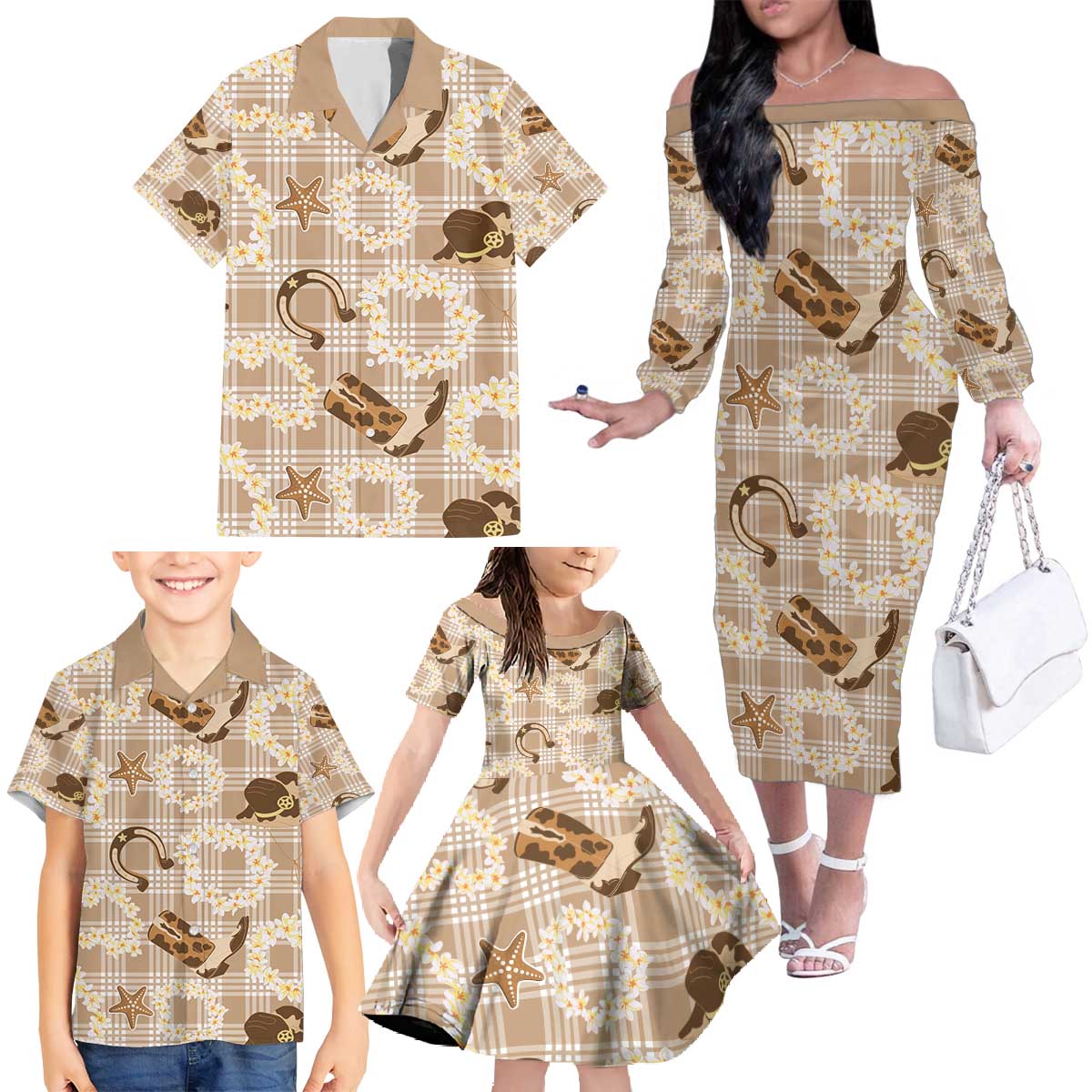 Aloha Hawaii Paniolo Khaki Palaka Family Matching Off The Shoulder Long Sleeve Dress and Hawaiian Shirt Coastal Rodeo - Polynesian Pride