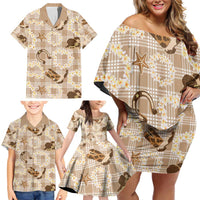Aloha Hawaii Paniolo Khaki Palaka Family Matching Off Shoulder Short Dress and Hawaiian Shirt Coastal Rodeo - Polynesian Pride