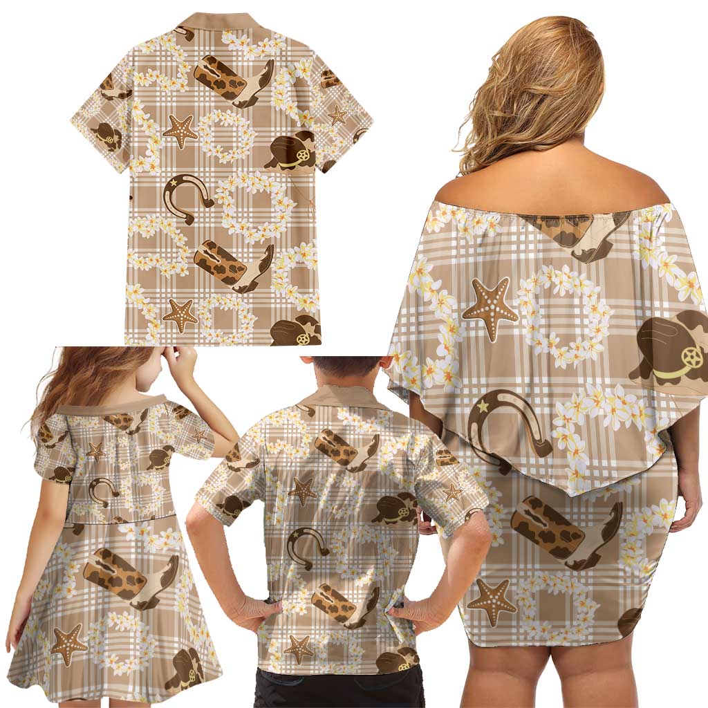 Aloha Hawaii Paniolo Khaki Palaka Family Matching Off Shoulder Short Dress and Hawaiian Shirt Coastal Rodeo - Polynesian Pride