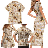 Aloha Hawaii Paniolo Khaki Palaka Family Matching Short Sleeve Bodycon Dress and Hawaiian Shirt Coastal Rodeo - Polynesian Pride