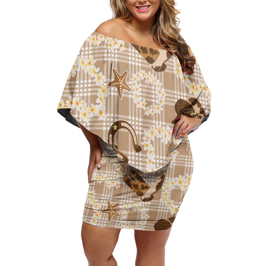 Aloha Hawaii Paniolo Khaki Palaka Off Shoulder Short Dress Coastal Rodeo - Polynesian Pride
