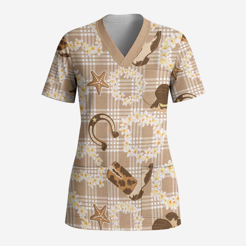 Aloha Hawaii Paniolo Khaki Palaka Scrub Top Coastal Rodeo - Polynesian Pride