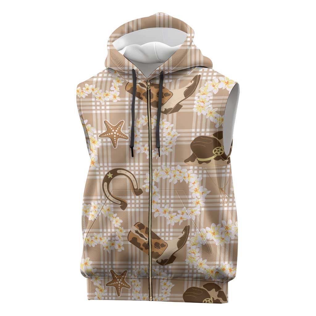 Aloha Hawaii Paniolo Khaki Palaka Sleeveless Zip Hoodie Coastal Rodeo - Polynesian Pride