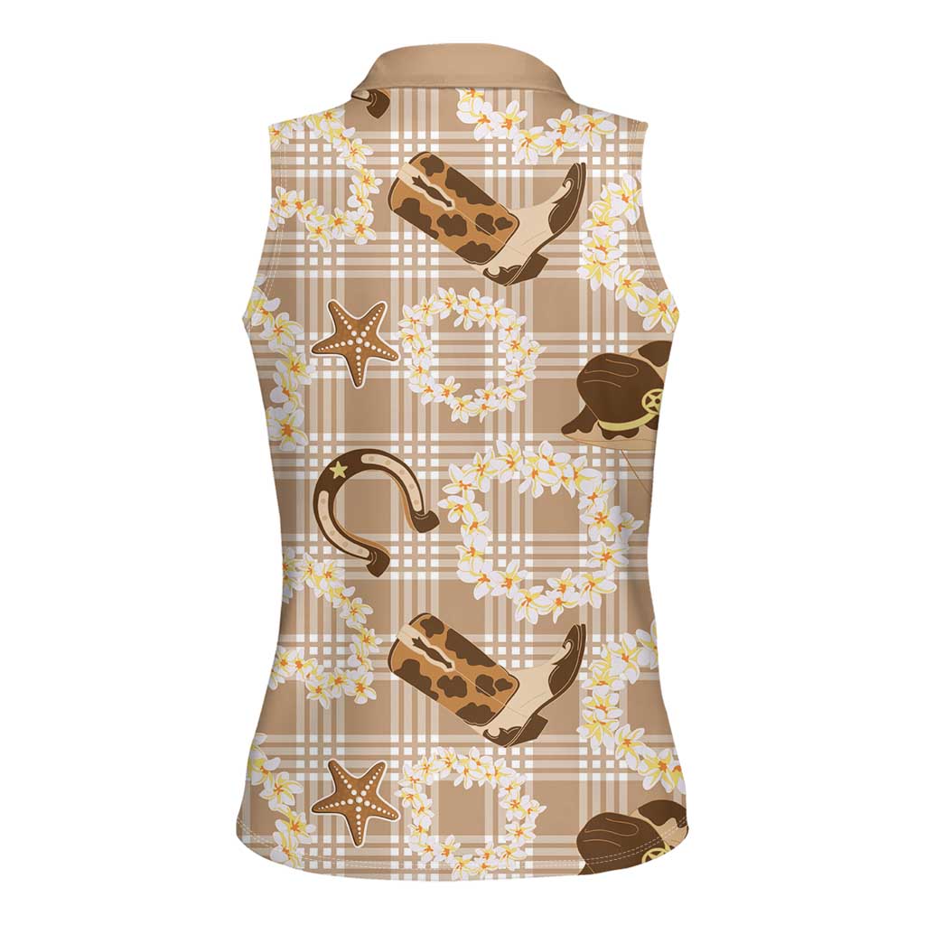 Aloha Hawaii Paniolo Khaki Palaka Women Sleeveless Polo Shirt Coastal Rodeo - Polynesian Pride