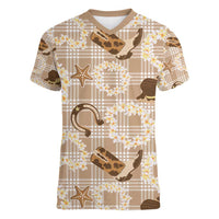 Aloha Hawaii Paniolo Khaki Palaka Women V-Neck T-Shirt Coastal Rodeo - Polynesian Pride