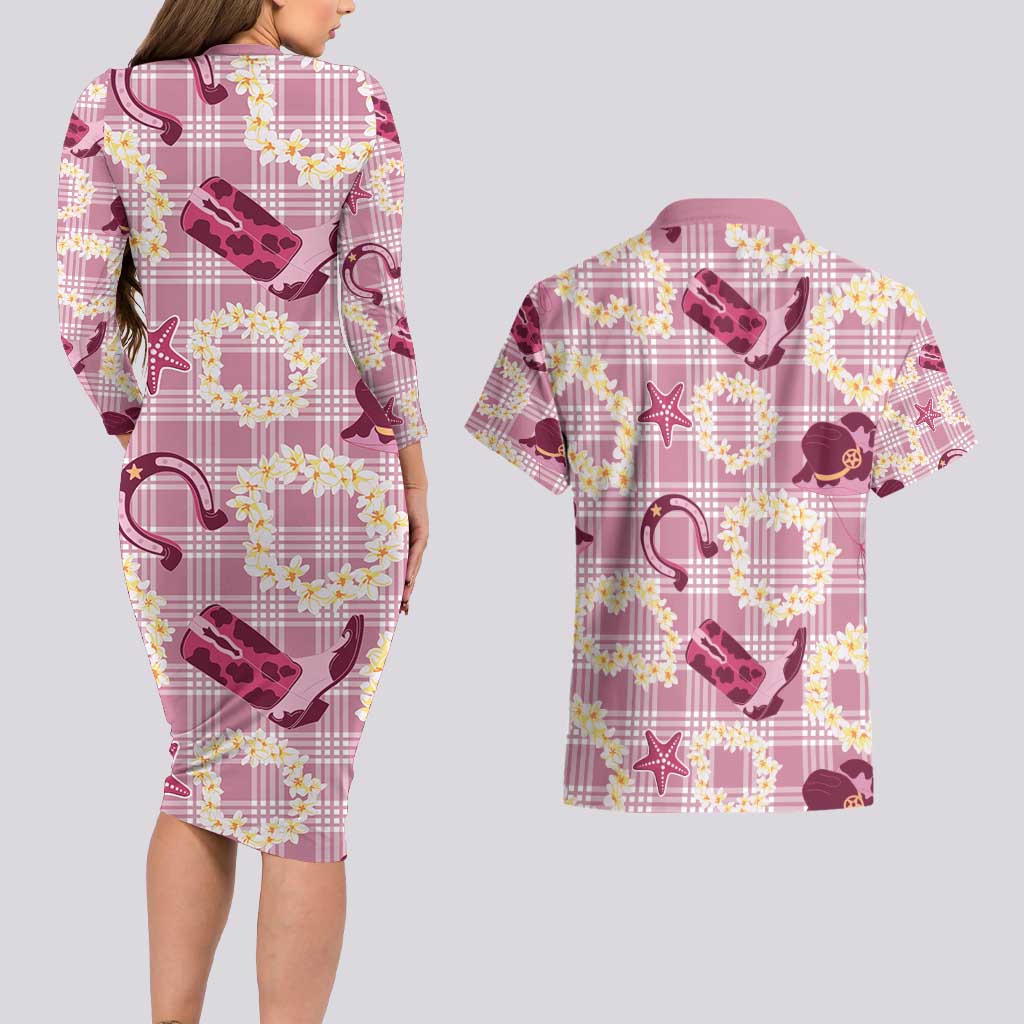 Aloha Hawaii Paniolo Lokelani Rose Palaka Couples Matching Long Sleeve Bodycon Dress and Hawaiian Shirt Coastal Rodeo - Polynesian Pride
