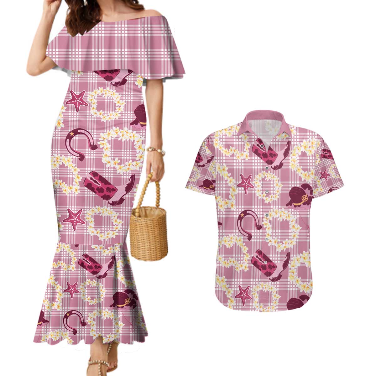 Aloha Hawaii Paniolo Lokelani Rose Palaka Couples Matching Mermaid Dress and Hawaiian Shirt Coastal Rodeo - Polynesian Pride