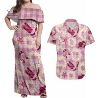 Aloha Hawaii Paniolo Lokelani Rose Palaka Couples Matching Off Shoulder Maxi Dress and Hawaiian Shirt Coastal Rodeo - Polynesian Pride