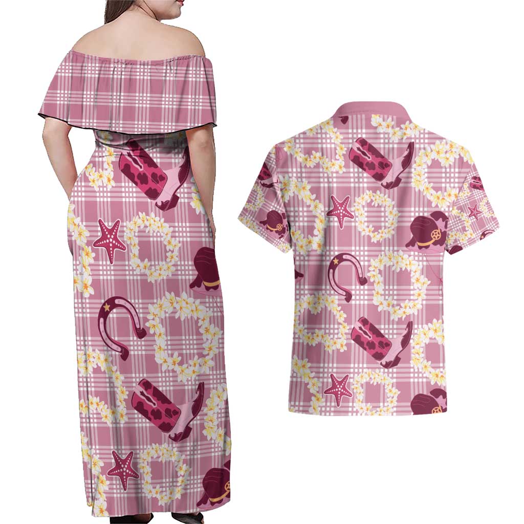 Aloha Hawaii Paniolo Lokelani Rose Palaka Couples Matching Off Shoulder Maxi Dress and Hawaiian Shirt Coastal Rodeo - Polynesian Pride