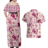 Aloha Hawaii Paniolo Lokelani Rose Palaka Couples Matching Off Shoulder Maxi Dress and Hawaiian Shirt Coastal Rodeo - Polynesian Pride