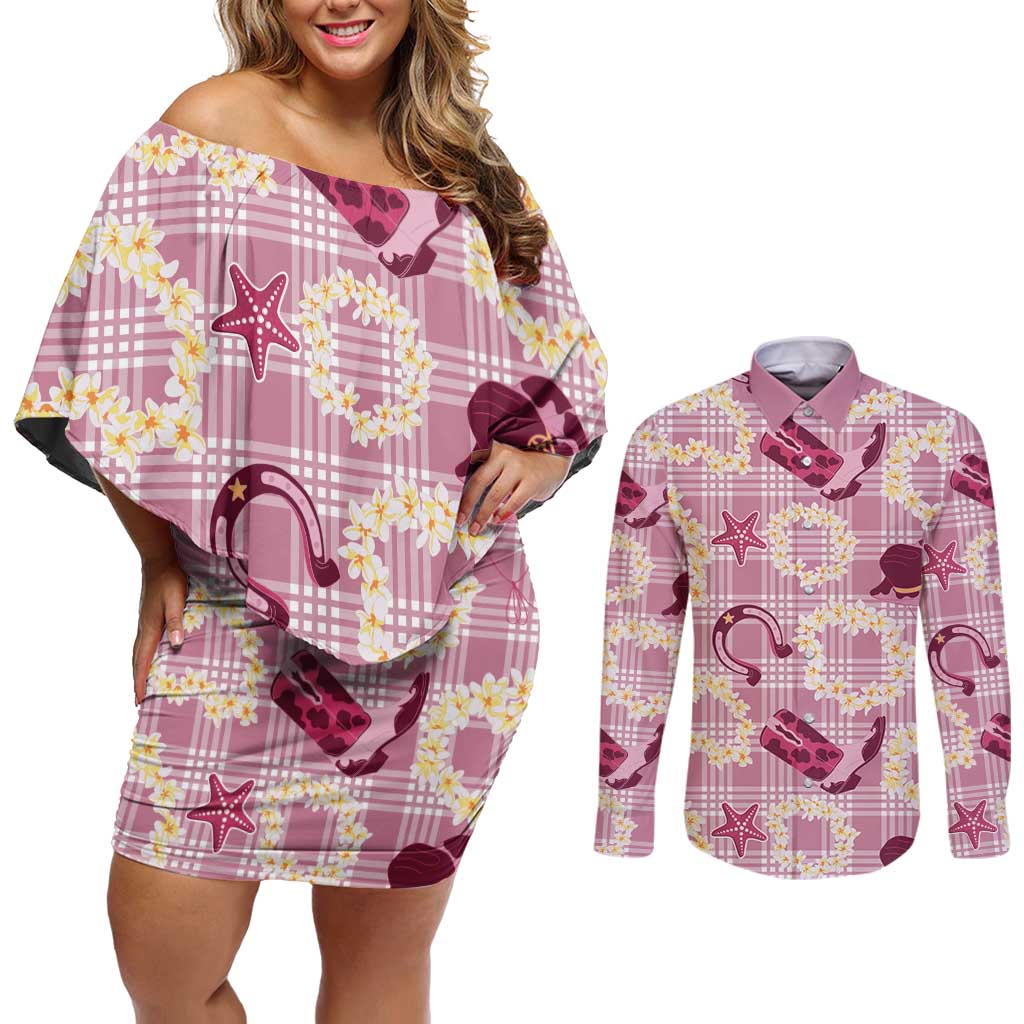 Aloha Hawaii Paniolo Lokelani Rose Palaka Couples Matching Off Shoulder Short Dress and Long Sleeve Button Shirt Coastal Rodeo - Polynesian Pride