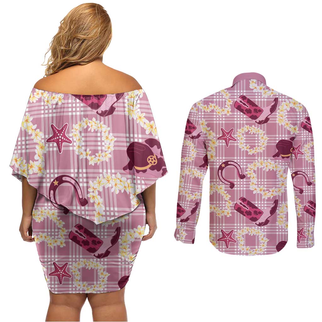 Aloha Hawaii Paniolo Lokelani Rose Palaka Couples Matching Off Shoulder Short Dress and Long Sleeve Button Shirt Coastal Rodeo - Polynesian Pride
