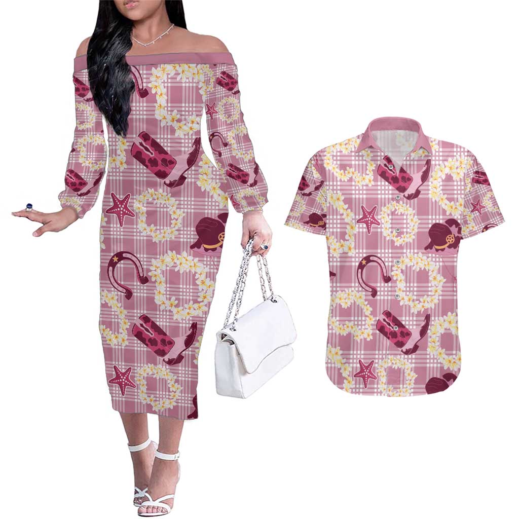 Aloha Hawaii Paniolo Lokelani Rose Palaka Couples Matching Off The Shoulder Long Sleeve Dress and Hawaiian Shirt Coastal Rodeo - Polynesian Pride