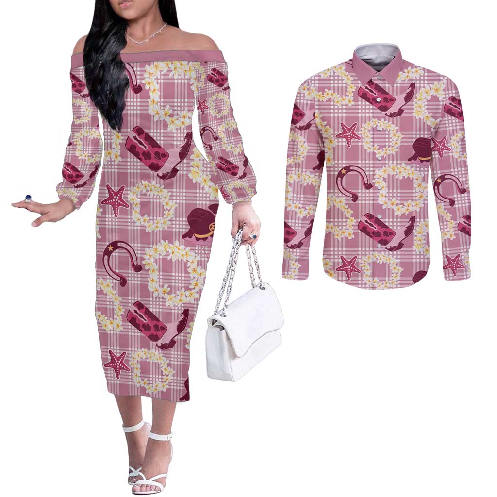 Aloha Hawaii Paniolo Lokelani Rose Palaka Couples Matching Off The Shoulder Long Sleeve Dress and Long Sleeve Button Shirt Coastal Rodeo - Polynesian Pride