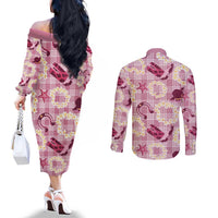 Aloha Hawaii Paniolo Lokelani Rose Palaka Couples Matching Off The Shoulder Long Sleeve Dress and Long Sleeve Button Shirt Coastal Rodeo - Polynesian Pride
