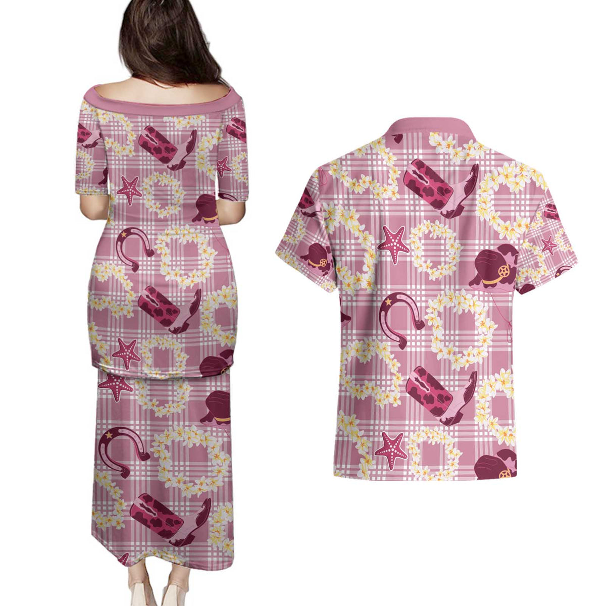 Aloha Hawaii Paniolo Lokelani Rose Palaka Couples Matching Puletasi and Hawaiian Shirt Coastal Rodeo - Polynesian Pride