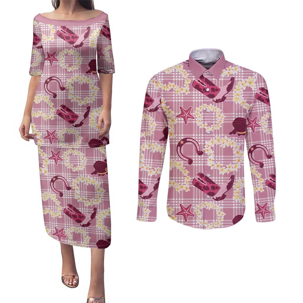 Aloha Hawaii Paniolo Lokelani Rose Palaka Couples Matching Puletasi and Long Sleeve Button Shirt Coastal Rodeo - Polynesian Pride