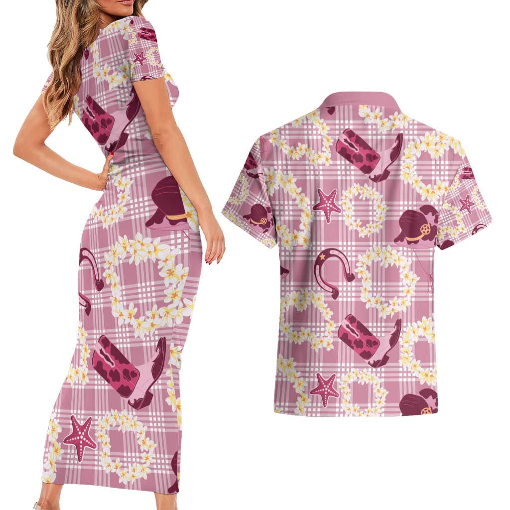 Aloha Hawaii Paniolo Lokelani Rose Palaka Couples Matching Short Sleeve Bodycon Dress and Hawaiian Shirt Coastal Rodeo - Polynesian Pride