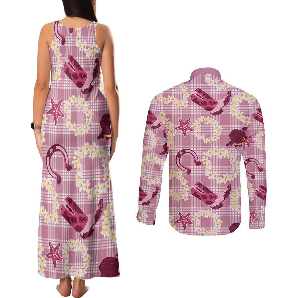 Aloha Hawaii Paniolo Lokelani Rose Palaka Couples Matching Tank Maxi Dress and Long Sleeve Button Shirt Coastal Rodeo - Polynesian Pride