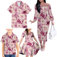 Aloha Hawaii Paniolo Lokelani Rose Palaka Family Matching Off The Shoulder Long Sleeve Dress and Hawaiian Shirt Coastal Rodeo - Polynesian Pride