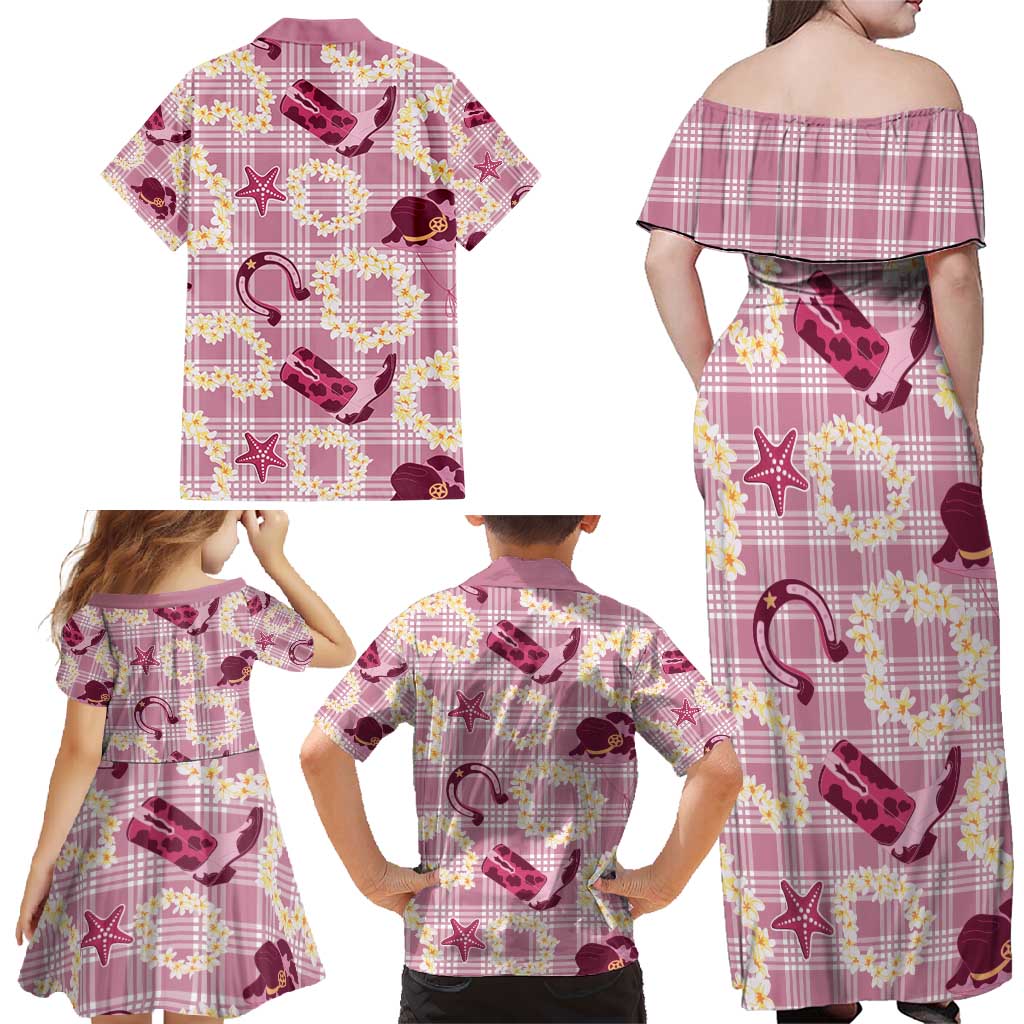 Aloha Hawaii Paniolo Lokelani Rose Palaka Family Matching Off Shoulder Maxi Dress and Hawaiian Shirt Coastal Rodeo - Polynesian Pride