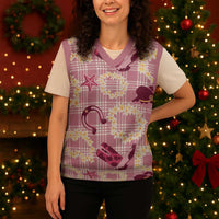 Aloha Hawaii Paniolo Lokelani Rose Palaka Christmas Knitted V-Neck Vest Coastal Rodeo - Polynesian Pride