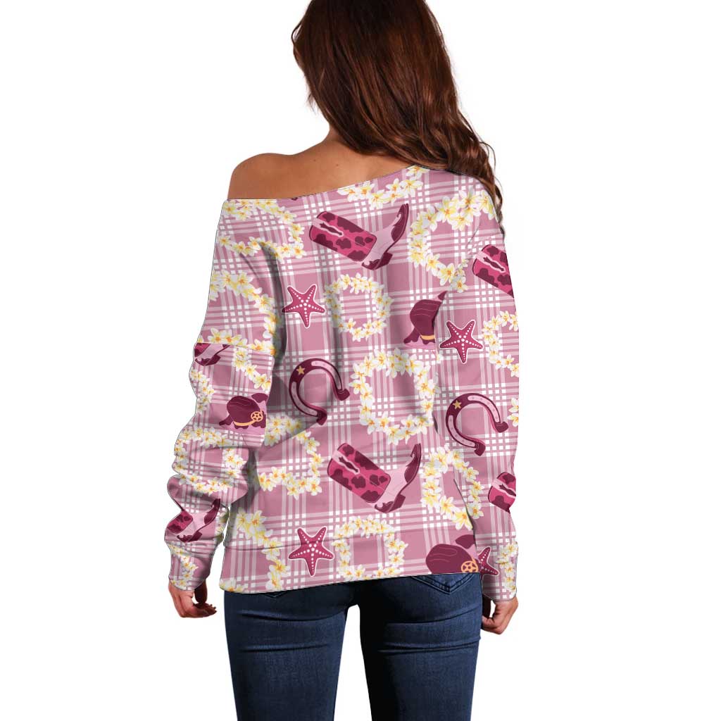 Aloha Hawaii Paniolo Lokelani Rose Palaka Off Shoulder Sweater Coastal Rodeo - Polynesian Pride