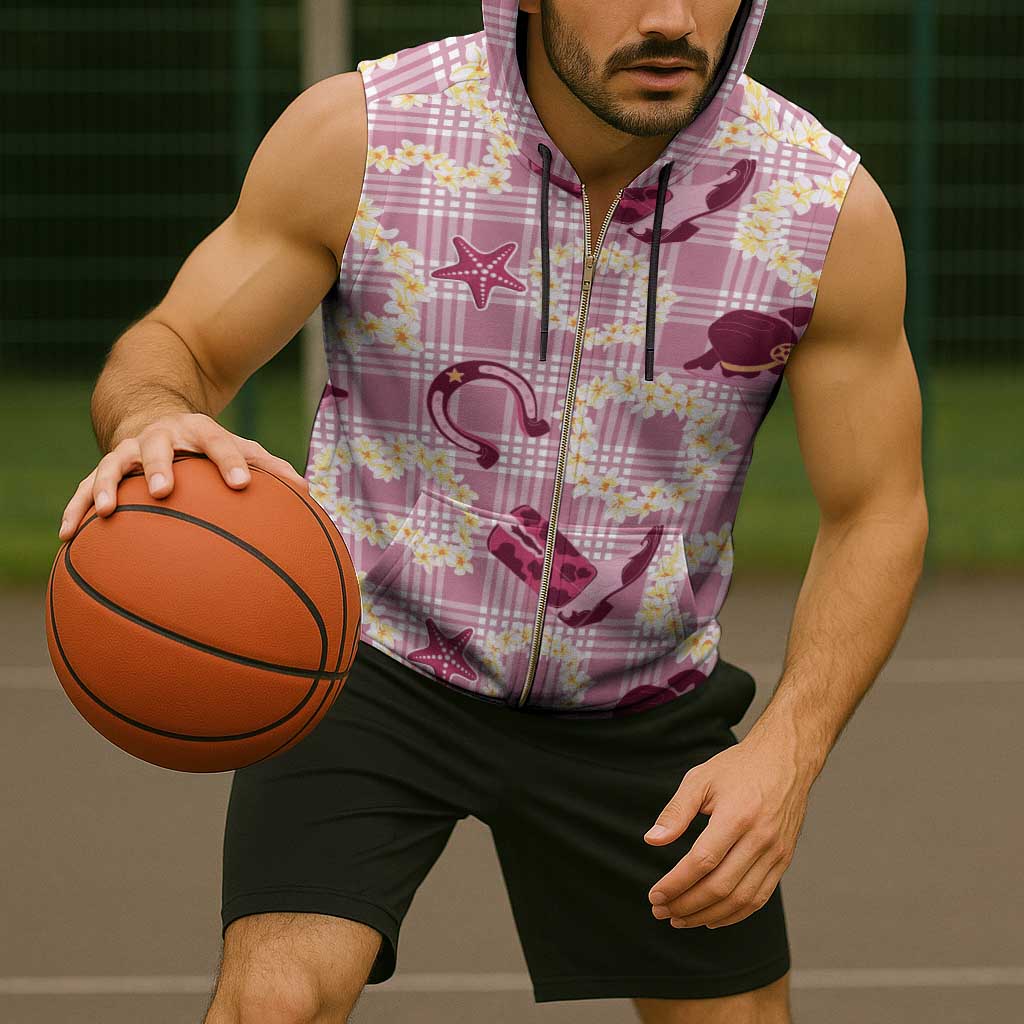 Aloha Hawaii Paniolo Lokelani Rose Palaka Sleeveless Zip Hoodie Coastal Rodeo - Polynesian Pride