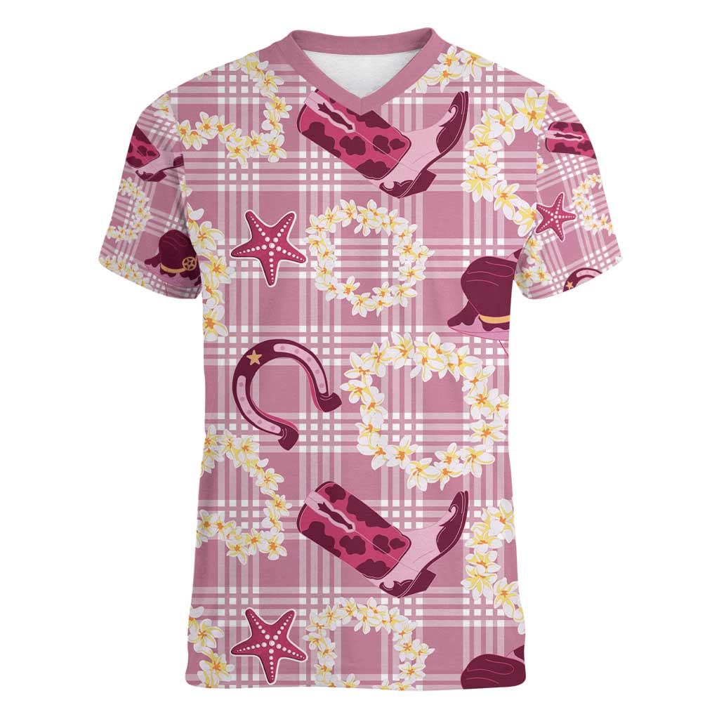 Aloha Hawaii Paniolo Lokelani Rose Palaka Women V-Neck T-Shirt Coastal Rodeo - Polynesian Pride