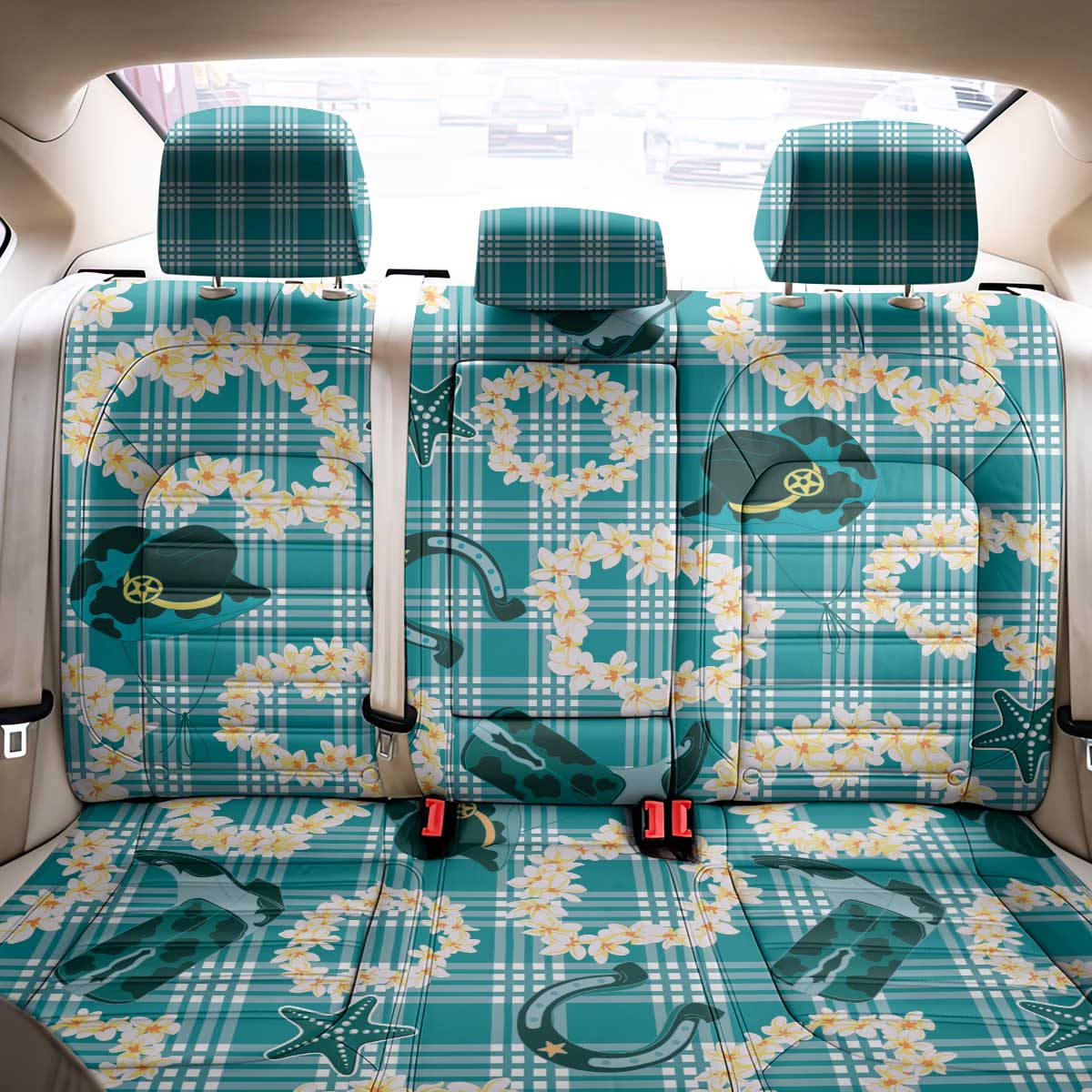 Aloha Hawaii Paniolo Teal Palaka Back Car Seat Cover Coastal Rodeo - Polynesian Pride