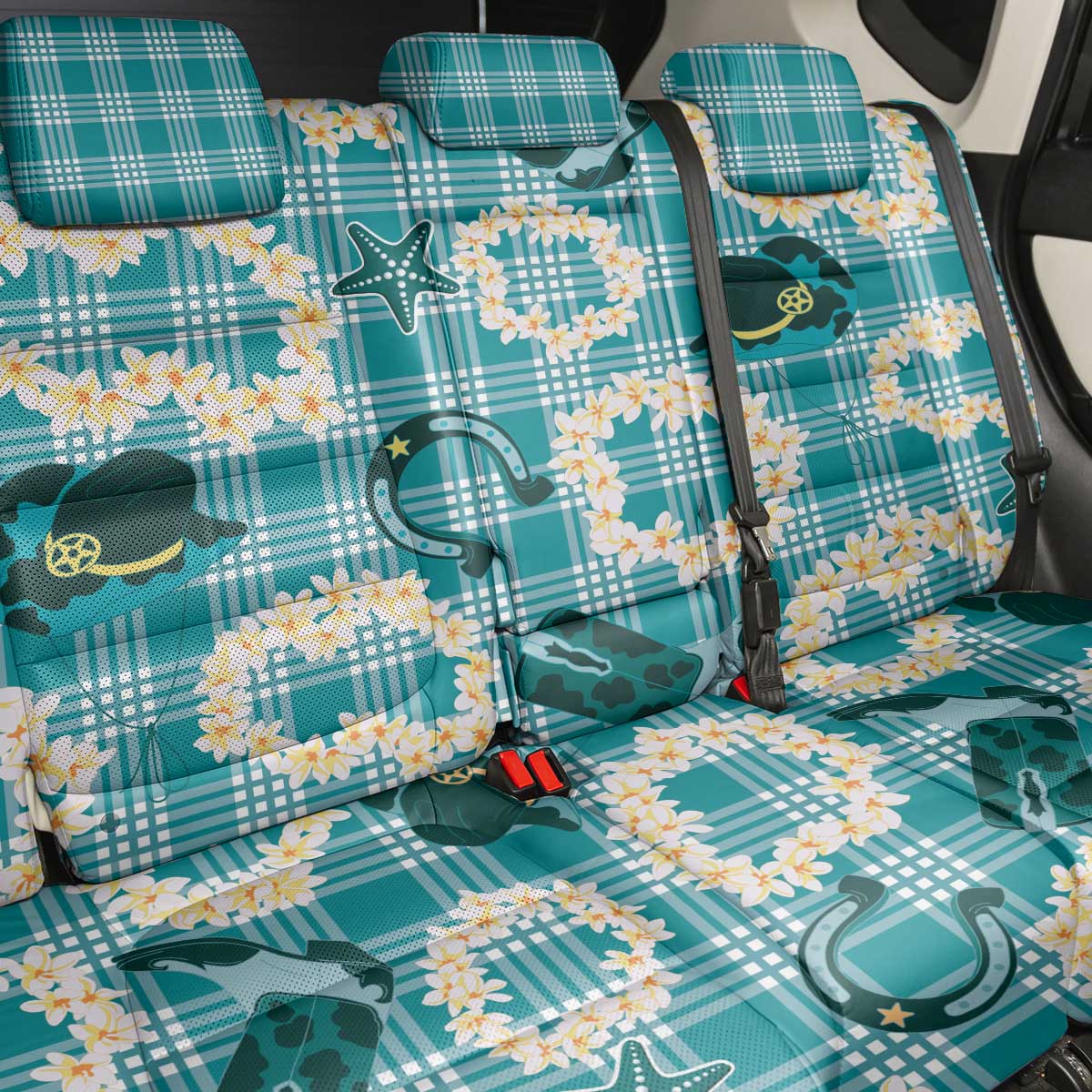 Aloha Hawaii Paniolo Teal Palaka Back Car Seat Cover Coastal Rodeo - Polynesian Pride
