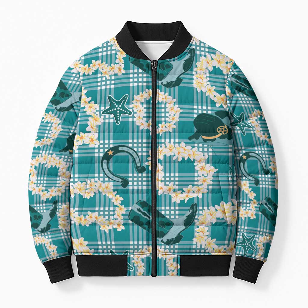 Aloha Hawaii Paniolo Teal Palaka Bomber Puffer Jacket Coastal Rodeo - Polynesian Pride