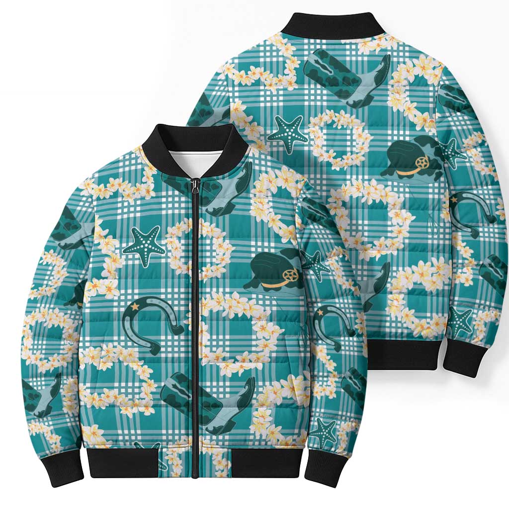 Aloha Hawaii Paniolo Teal Palaka Bomber Puffer Jacket Coastal Rodeo - Polynesian Pride