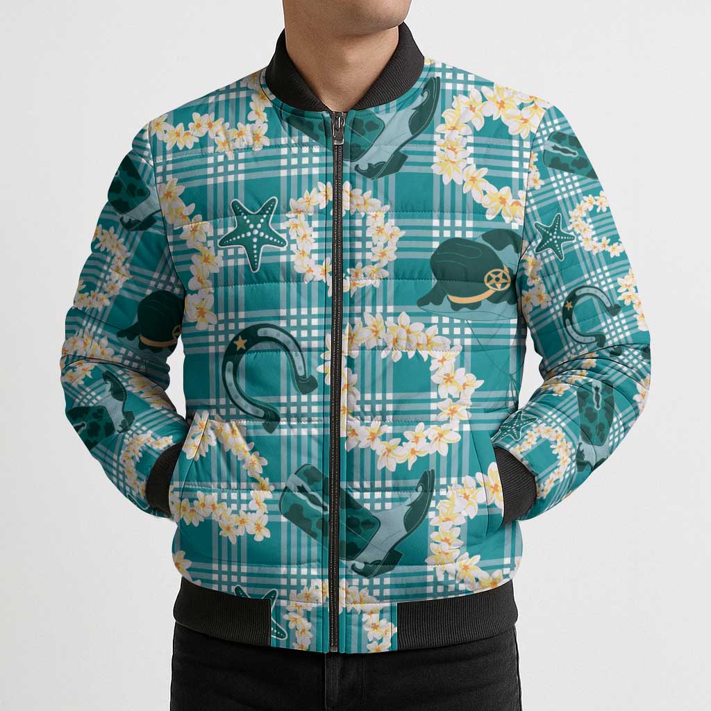 Aloha Hawaii Paniolo Teal Palaka Bomber Puffer Jacket Coastal Rodeo - Polynesian Pride