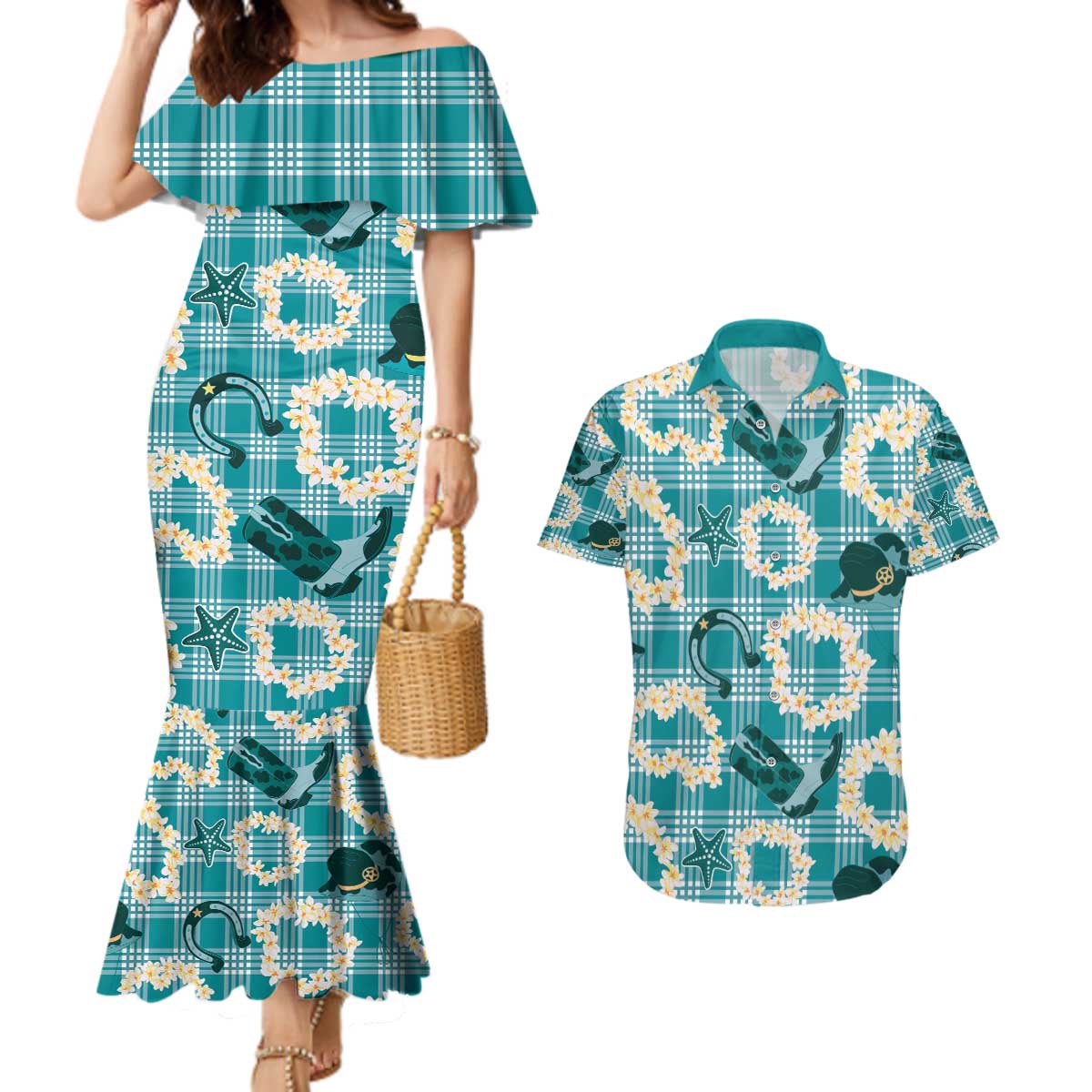 Aloha Hawaii Paniolo Teal Palaka Couples Matching Mermaid Dress and Hawaiian Shirt Coastal Rodeo - Polynesian Pride