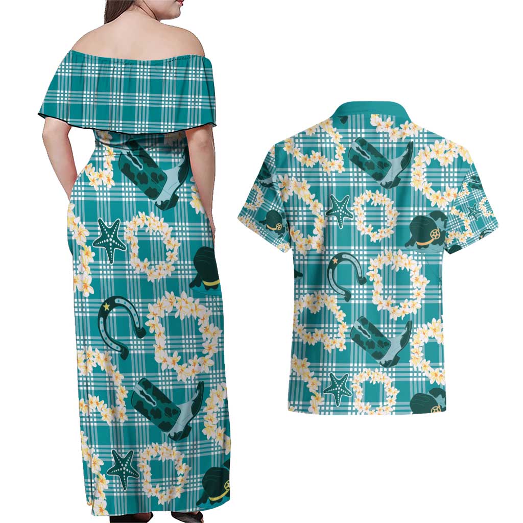 Aloha Hawaii Paniolo Teal Palaka Couples Matching Off Shoulder Maxi Dress and Hawaiian Shirt Coastal Rodeo - Polynesian Pride