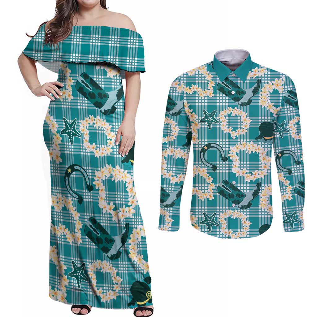 Aloha Hawaii Paniolo Teal Palaka Couples Matching Off Shoulder Maxi Dress and Long Sleeve Button Shirt Coastal Rodeo - Polynesian Pride